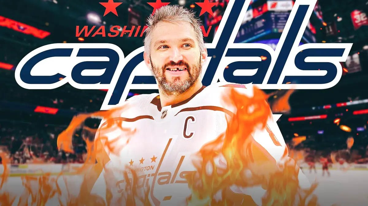 Alex Ovechkin in middle of image with fire around him looking happy, WSH Capitals logo, hockey rink in background
