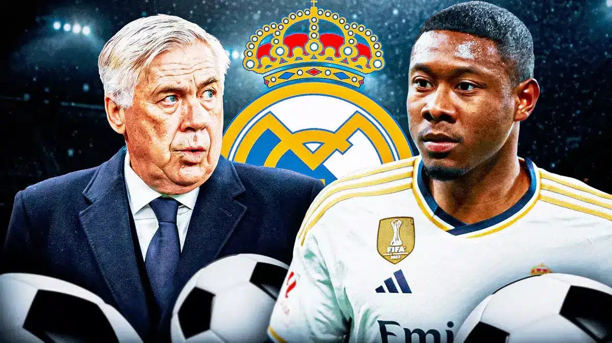 Carlo Ancelotti and David Alaba in front of the Real Madrid logo