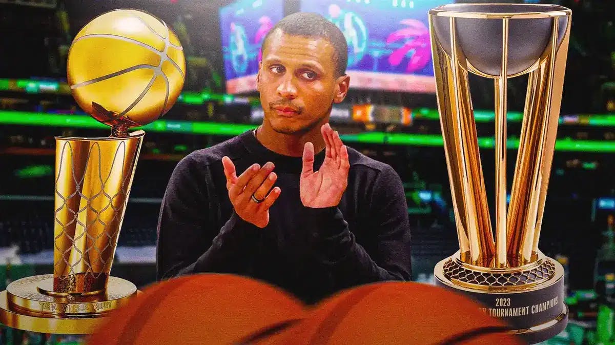 image idea: Joe Mazzulla looking serious with the NBA Finals trophy on his right and the NBA In-Season Tournament trophy (for reference image.png) on his left