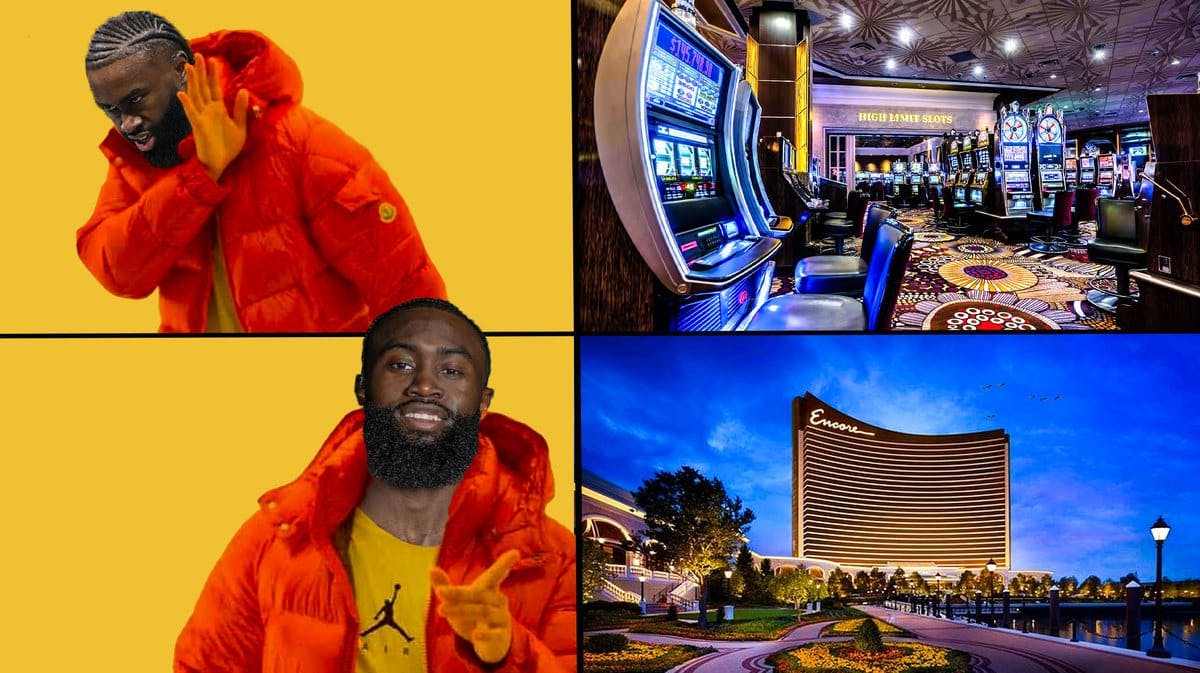 : Celtics' Jaylen Brown in the Drake saying no meme, top panel is a pic of Las Vegas casinos, bottom panel is a pic of Encore Hotel in Boston