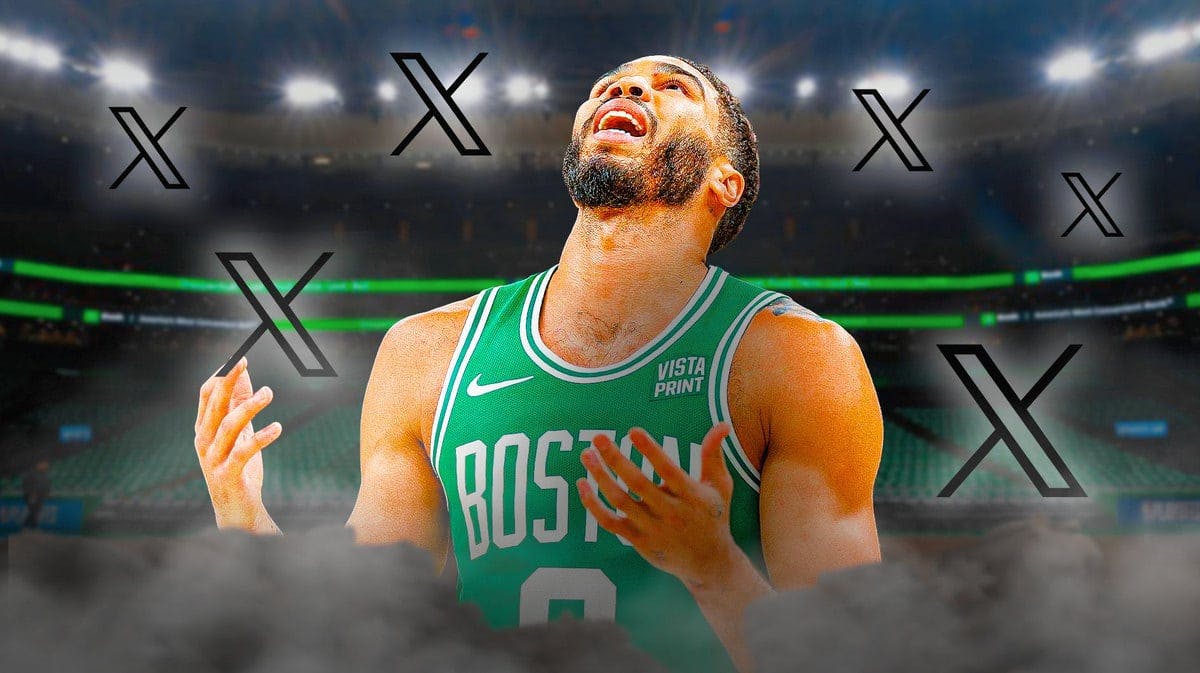 Celtics' Jayson Tatum looking angry, with Twitter logo all around Tatum