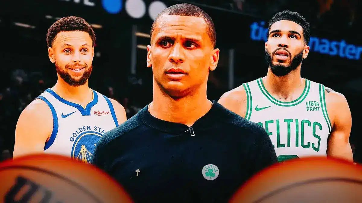 Celtics Joe Mazzulla and Jayson Tatum with Warriors Stephen Curry