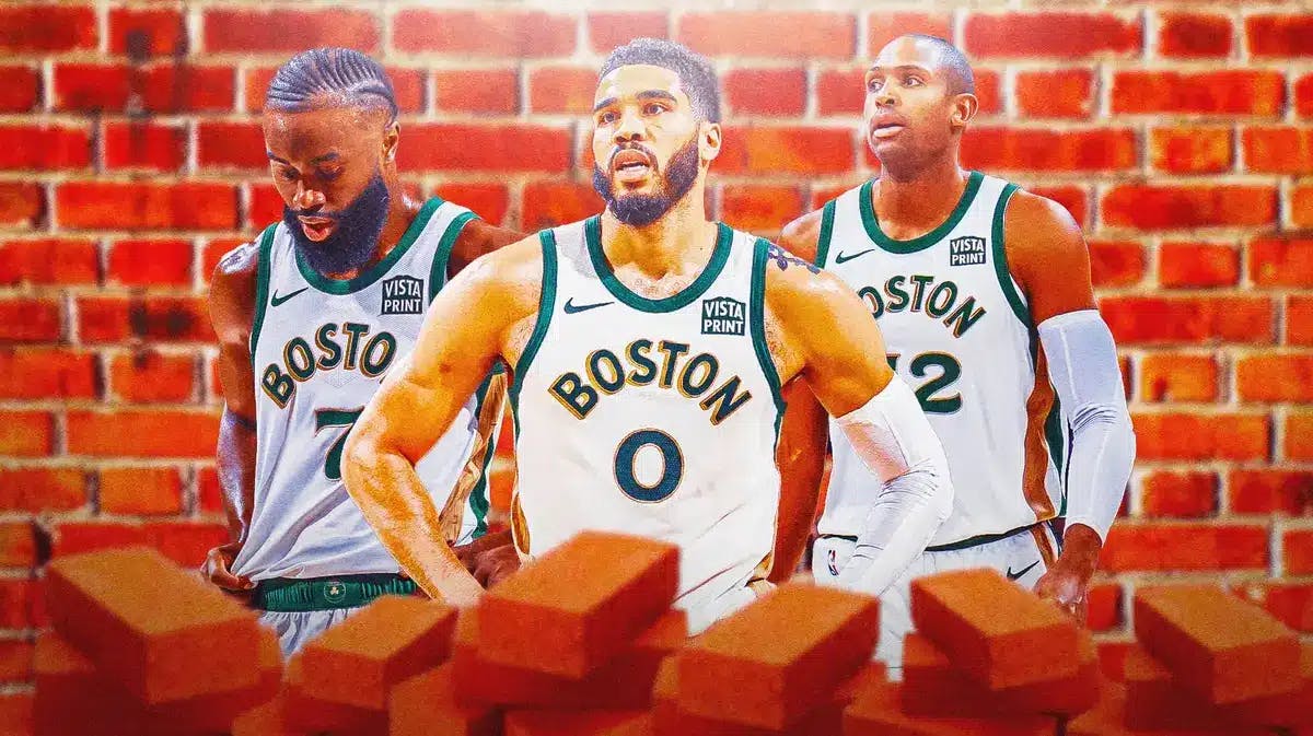 image idea: Jayson Tatum, Al horford, and Jaylen Brown all looking sad on a brick background with tons of bricks surrounding them