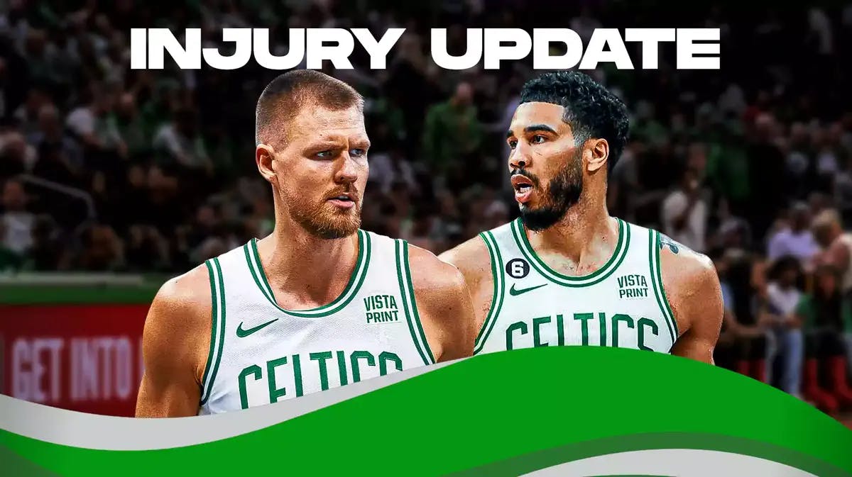 Jayson Tatum and Kristaps Porzingis next to each other with a slogan at the back that says "Injury Update"