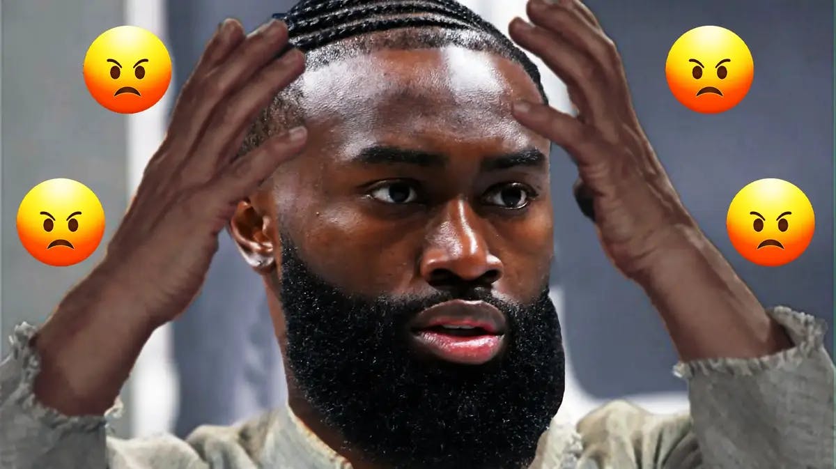 Jaylen Brown as the Jackie Chan confused meme, with angry emojis in the background.