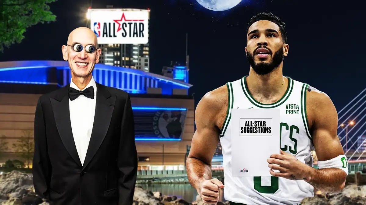 Jayson Tatum holding a paper that has “All-Star Suggestions” written on it. Adam Silver with his eyes popping out. NBA All-Star Game logo in the background
