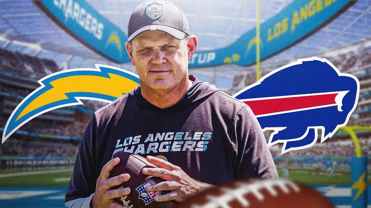 Photo: GIff Smith in Chargers gear with Chargers and Bills logo behind him