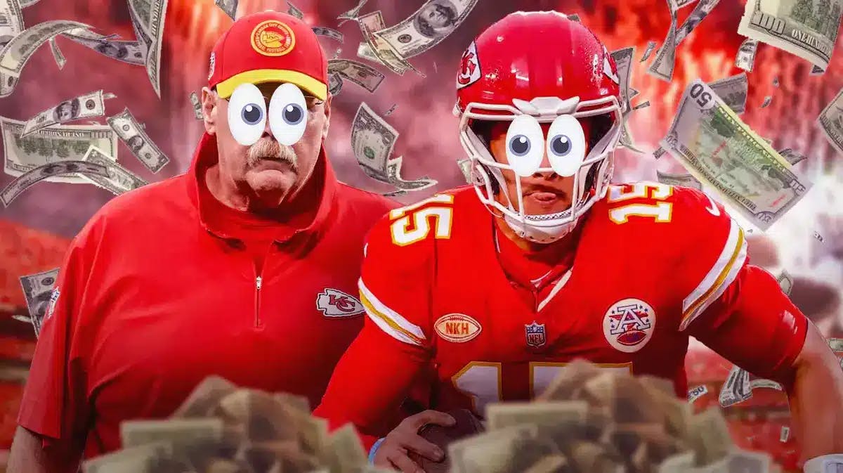 IMAGE: Chiefs' Patrick Mahomes, Chiefs' Andy Reid with their eyes popping out looking at a pile of money.