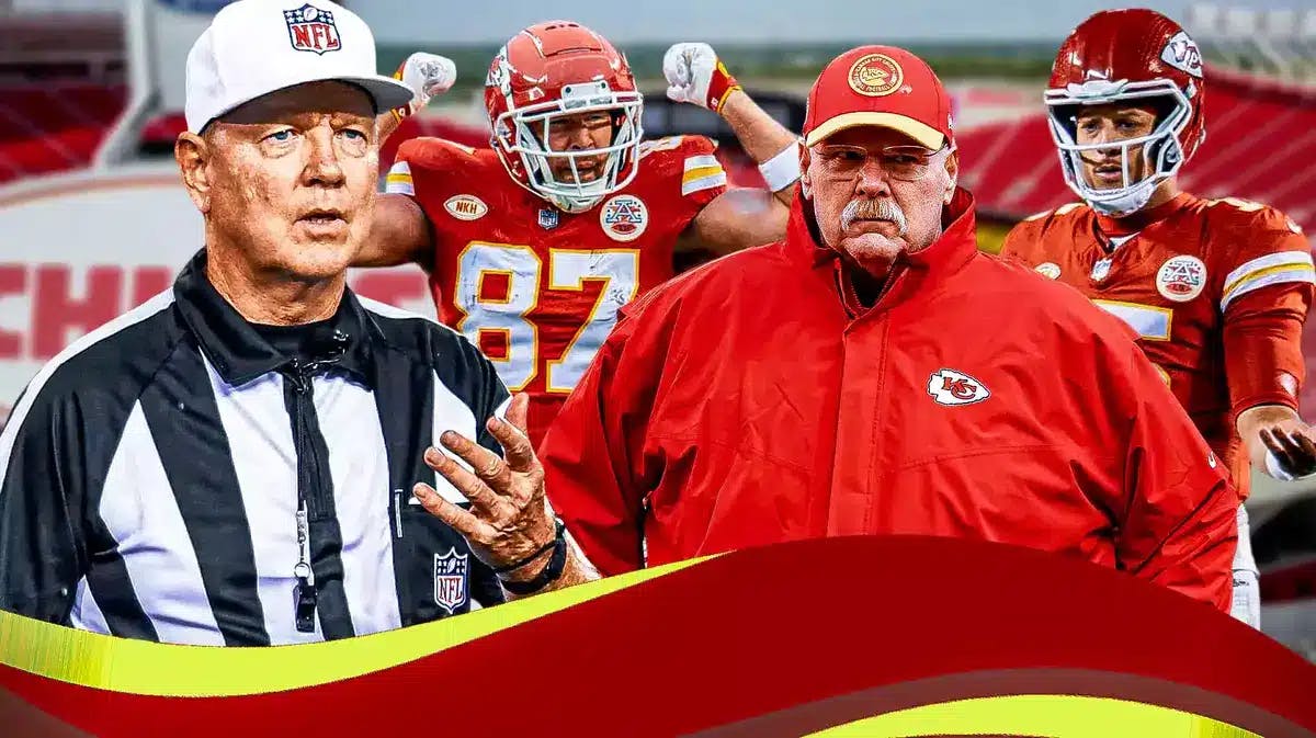 Chiefs' Patrick Mahomes, Andy Reid, and Travis Kelce all angry with question marks all over, with NFL referee Carl Cheffers on the side, looking serious