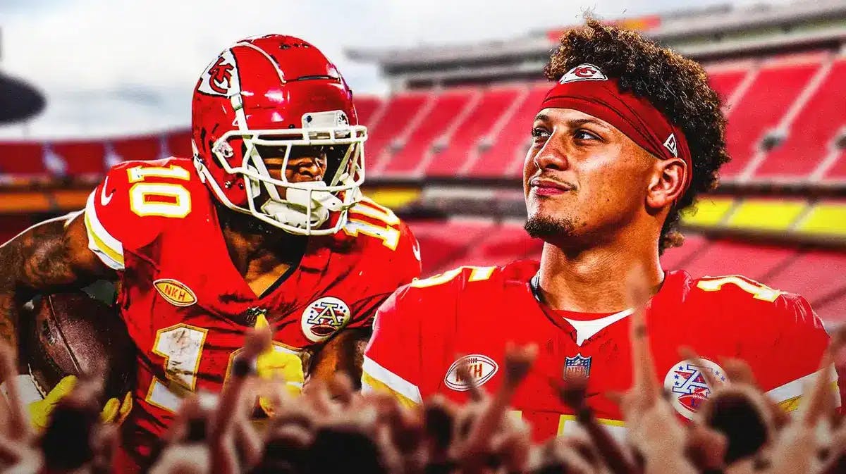 Photo: Isiah Pacheco in Chiefs jersey in action, Patrick Mahomes smiling beside him