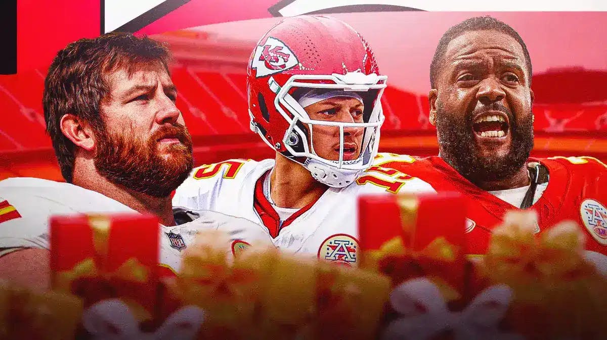 Kansas City Chiefs QB Patrick Mahomes front and center of image, with G Joe Thuney on one side in background and T Donovan Smith on other side in background, and please put images of wrapped Christmas gifts/presents around the image to signify Mahomes gave teammates a gift.