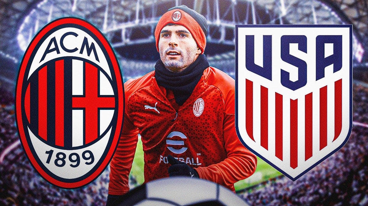 Christian Pulisic in front of the AC Milan and USMNT logos