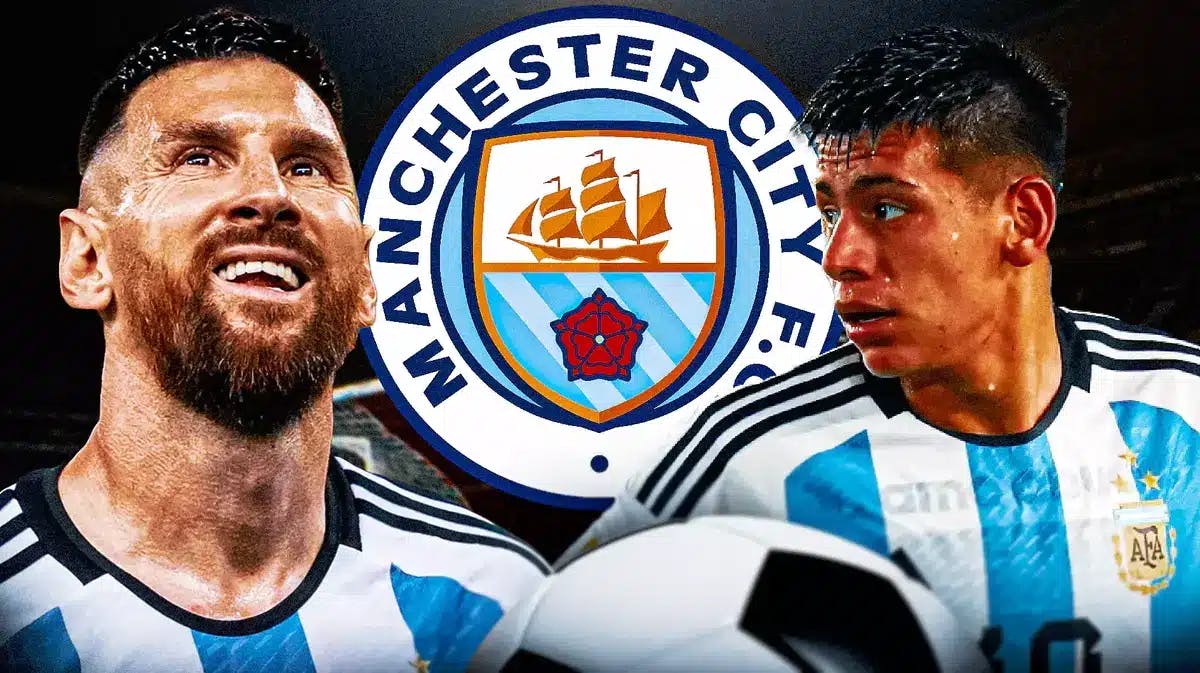 Claudio Echeverri and Lionel Messi in front of the Manchester City logo