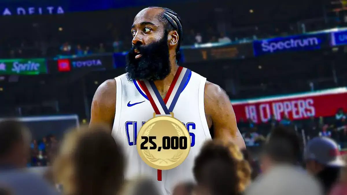 lippers' James Harden wearing a medal with “25,000” written on it