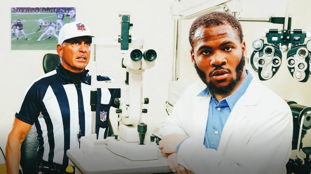 Cowboys' Micah Parsons as an ophthalmologist, with referee John Hussey in for a checkup, but instead of an eye chart, it’s a screenshot of a holding call