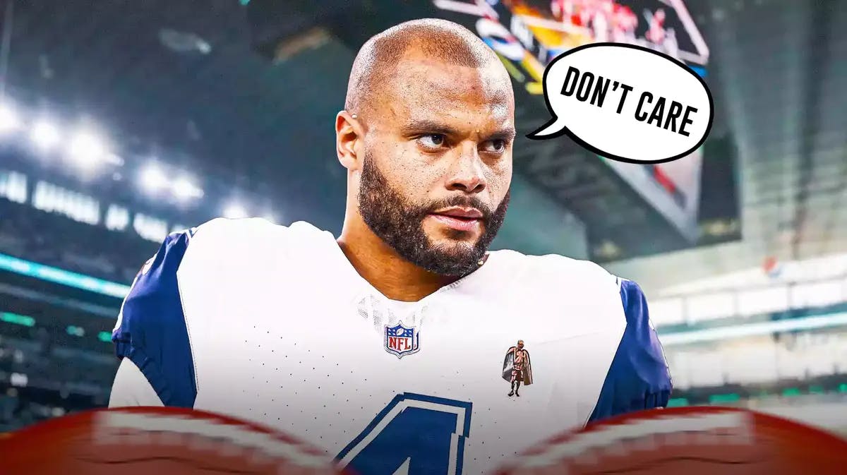 Dallas Cowboys' Dak Prescott looking angry and speech bubble “Don’t Care”
