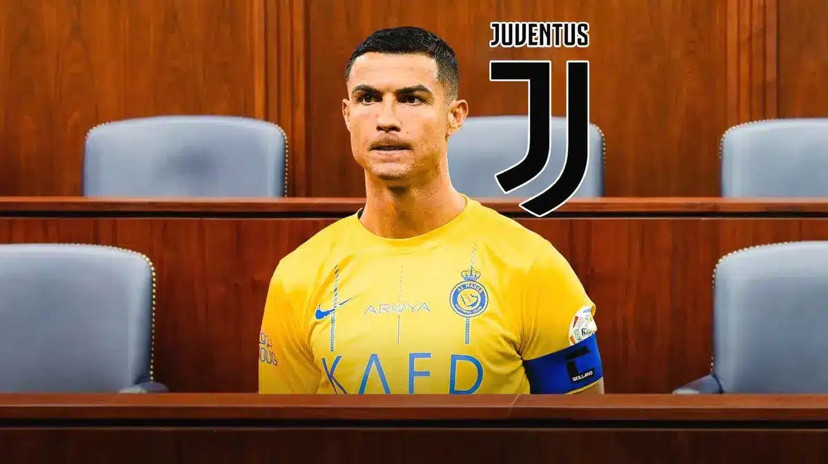 Cristiano Ronaldo sitting in court, the Juventus logo in the air