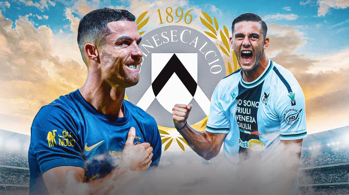 Lorenzo Lucca and Cristiano Ronaldo celebrating in front of the Udinese logo