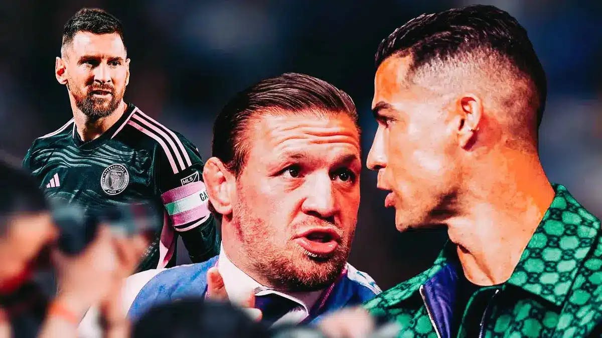 This picture of Conor Mcgregor and Cristiano Ronaldo, with Lionel Messi looking towards them