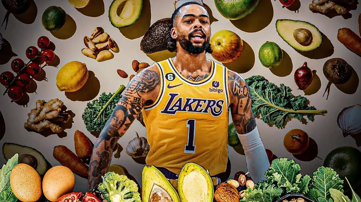 Recent pic D’Angelo Russel in Lakers Uniform (preferably in the last 2 years where he looks older) with healthy food (vegetables) in the background
