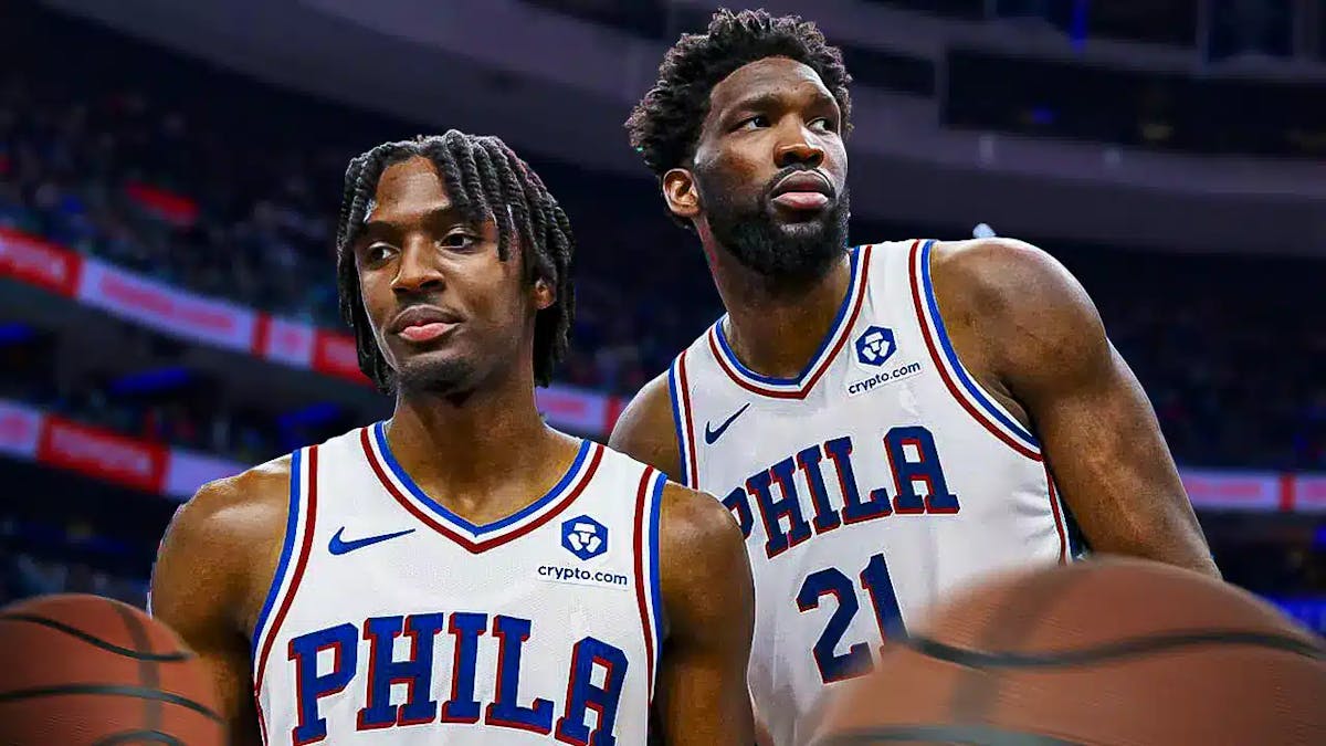 Joel Embiid and Tyrese Maxey with the Sixers arena in the background, trade deadline Daryl Morey
