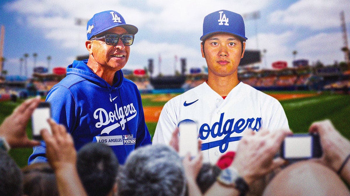 Dodgers' Dave Roberts smiling next to Shohei Ohtani in a Dodgers uniform.