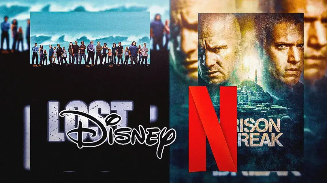 TV show posters for Lost and Prison Break, bookended between the Disney+ and Netflix logos