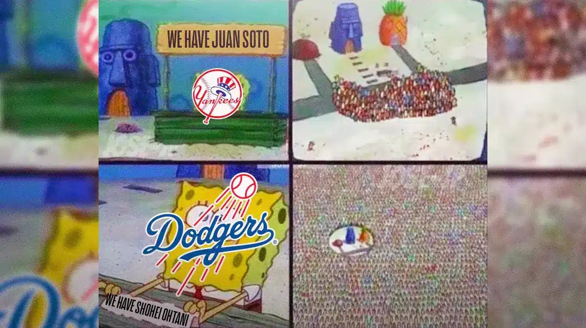 Yankees logo on Spongebob in the top frame, with caption on the burger stand: “WE HAVE JUAN SOTO” Dodgers logo on Spongebob in the bottom frame, with caption on the nameplate: “WE HAVE SHOHEI OHTANI”
