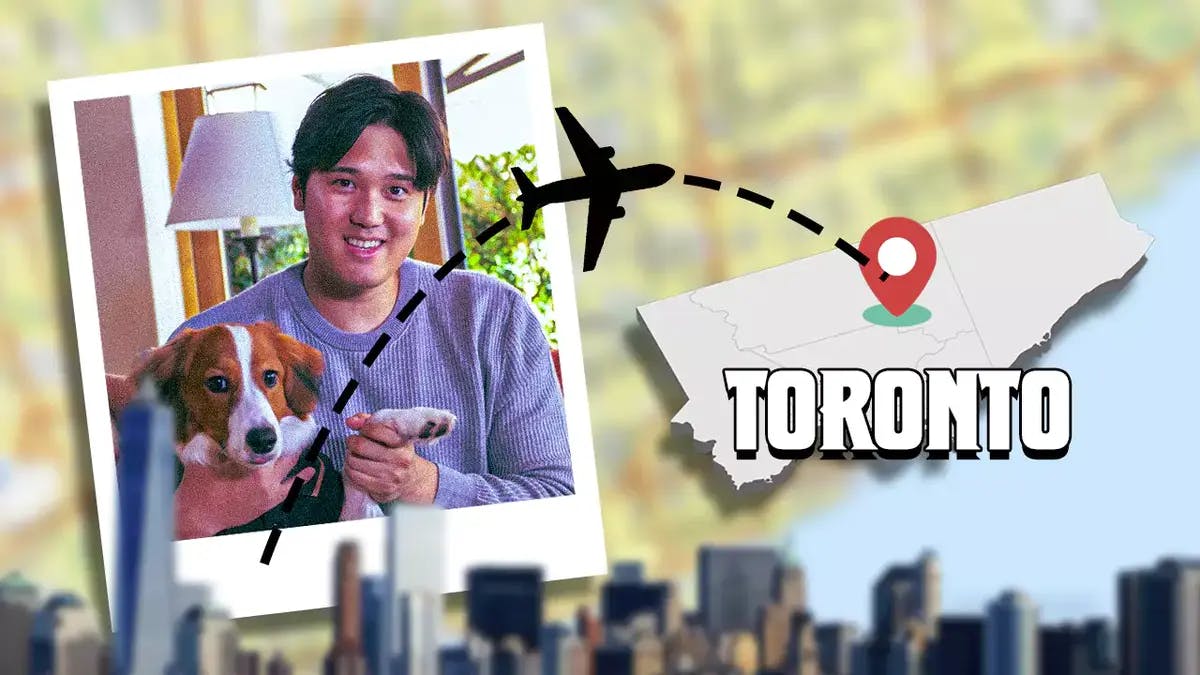 Picture of Dodgers' Shohei Ohtani with his dog on the left, with a diagram/illustration of a plane flying to Toronto on the right