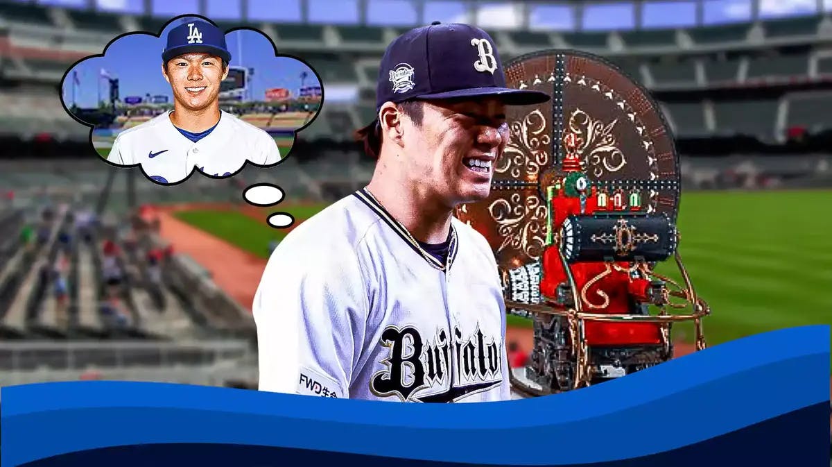 Yoshinobu Yamamoto in his Orix Buffaloes uni, smiling, with a thought bubble containing a picture of him in a Dodgers uni, with time machines beside Yamamoto