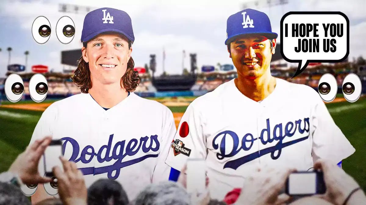 Tyler Glasnow in a Dodgers uniform with eyeball emojis around him. Shohei Ohtani in a Dodgers uniform saying “I hope you join us”
