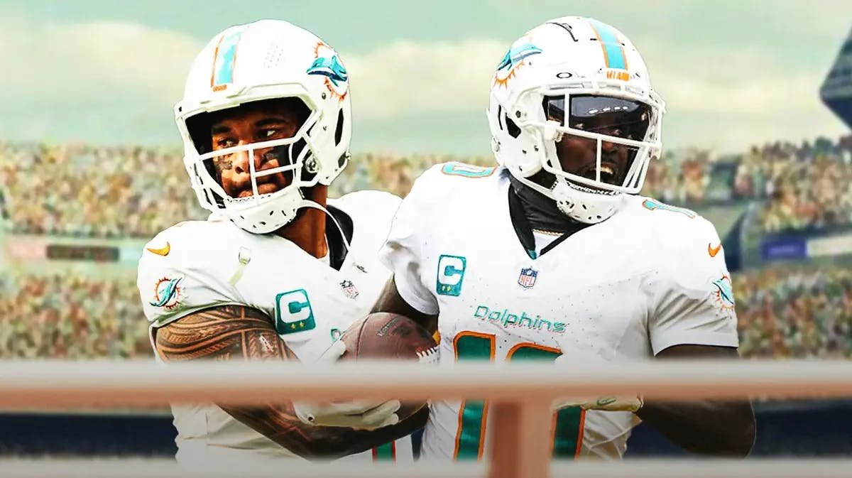 Miami Dolphins' Tua Tagovailoa and speech bubble “Got You Brother” and image of Tyreek Hill