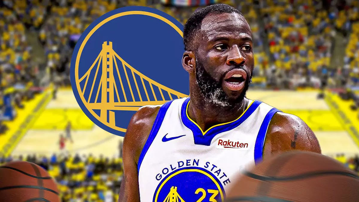 Draymond Green with the Warriors arena and the Warriors logo in the background suspension