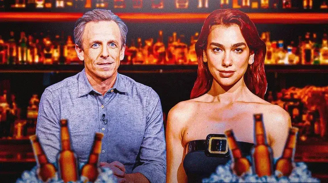 Seth Meyers and Dua Lipa with beer in front of them.