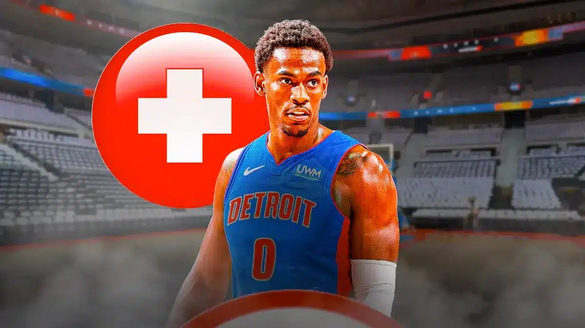 Jalen Duren with the Pistons arena in the background; also include an injury red cross