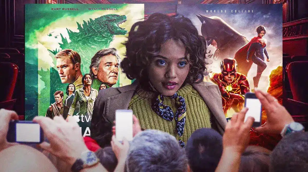 Kiersey Clemons with Monarch: Legacy of Monsters and DCU The Flash poster in background.