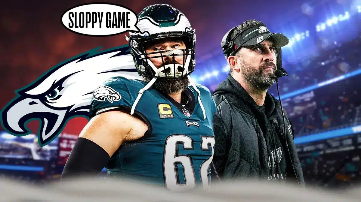 Jason Kelce with a text bubble reading “Sloppy game” next to Nick Sirianni with the Eagles logo and Lincoln Financial Field as the background.