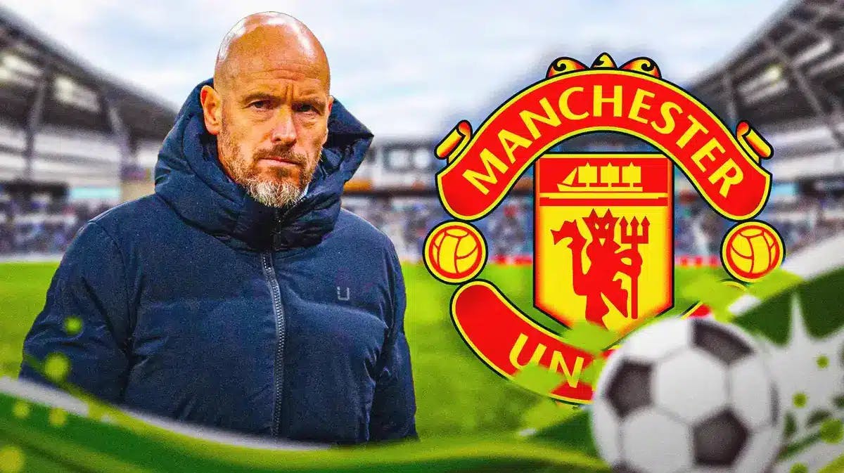 Erik ten Hag looking down/sad in front of the Manchester United logo