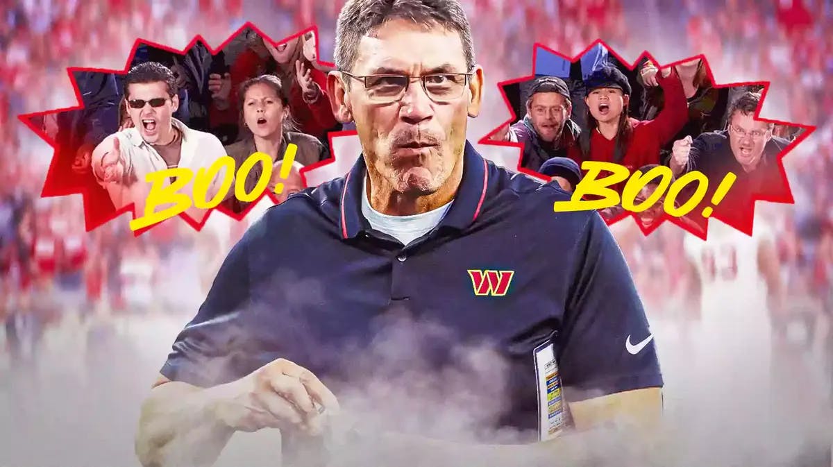 Washington Commanders coach Ron Rivera and images of angry looking Washington fans with a few “Boo!” speech bubbles