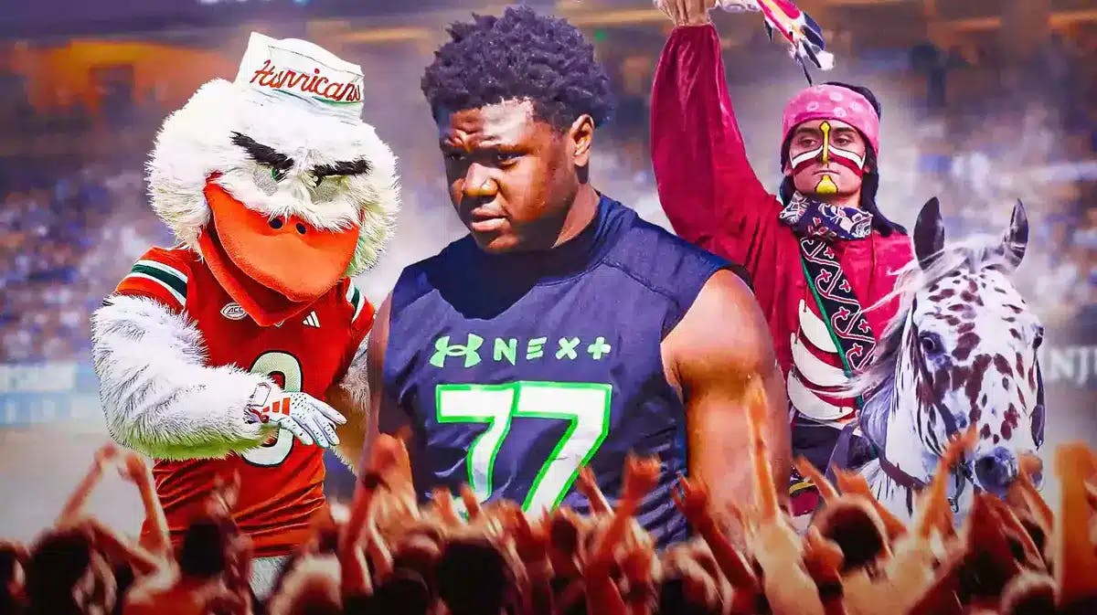 Miami football mascot, Florida State mascot, and Armondo Blount in the middle of the mascots