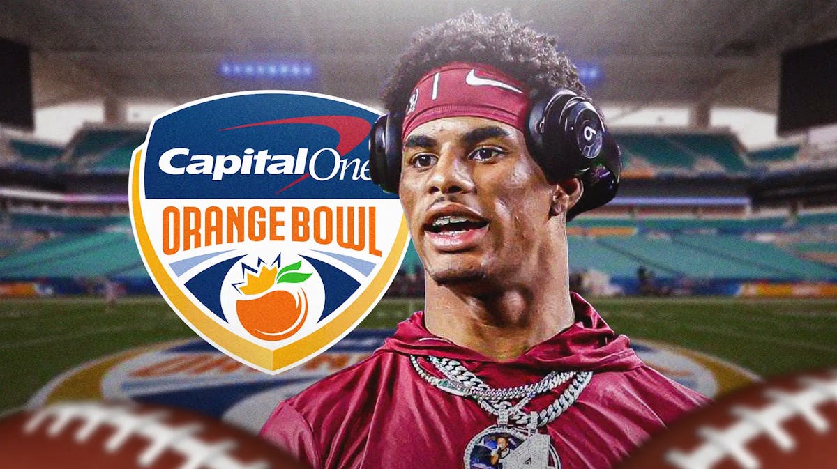 Florida State football, Seminoles, Keon Coleman, Georgia football, Orange Bowl, Keon Coleman in FSU uni and Orange Bowl logo with Orange Bowl stadium in the background