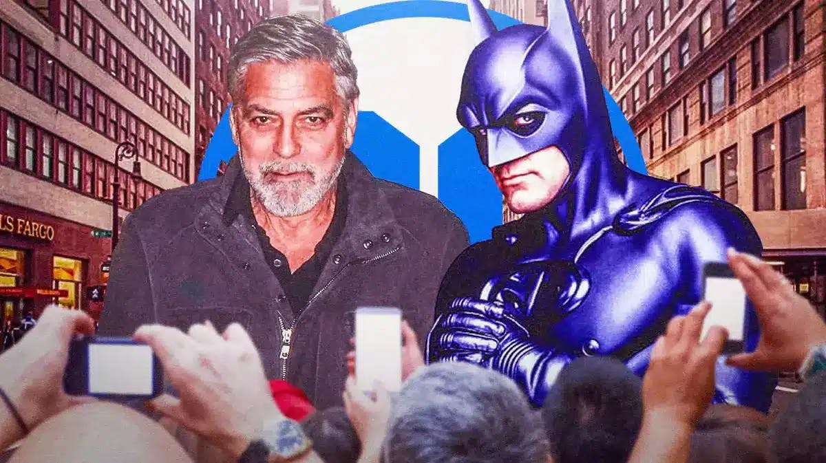 Batman and George Clooney in front of DC logo.