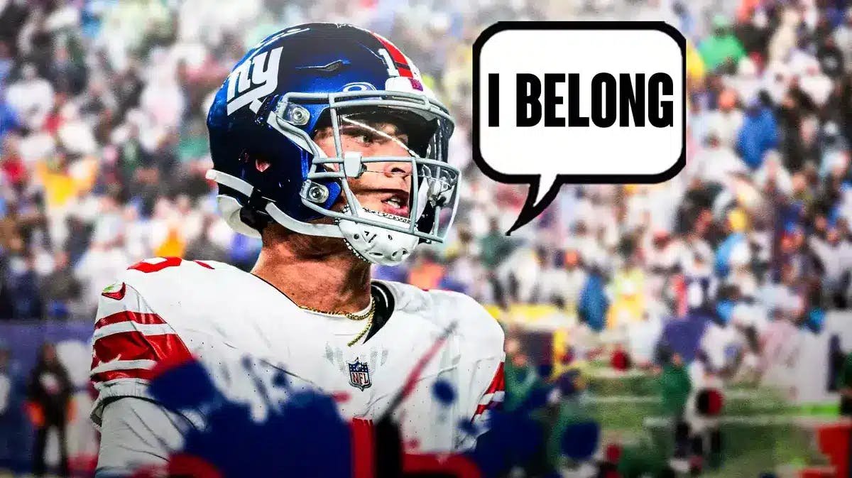 New York Giants' QB Tommy DeVito and speech bubble “I Belong”