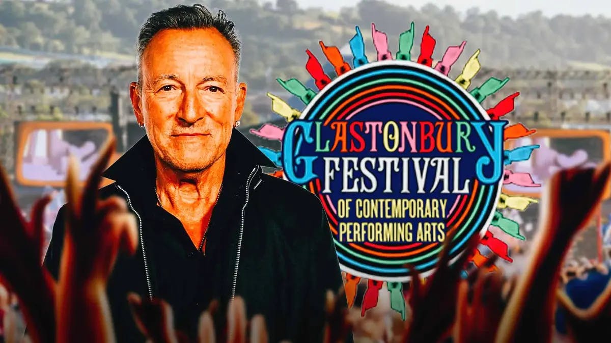 Bruce Springsteen with Glastonbury Festival logo.