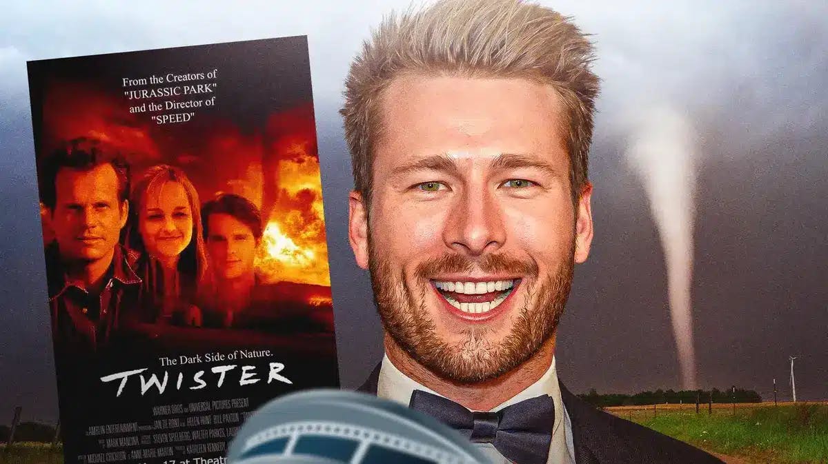 Glen Powell with Twister poster and tornado background.