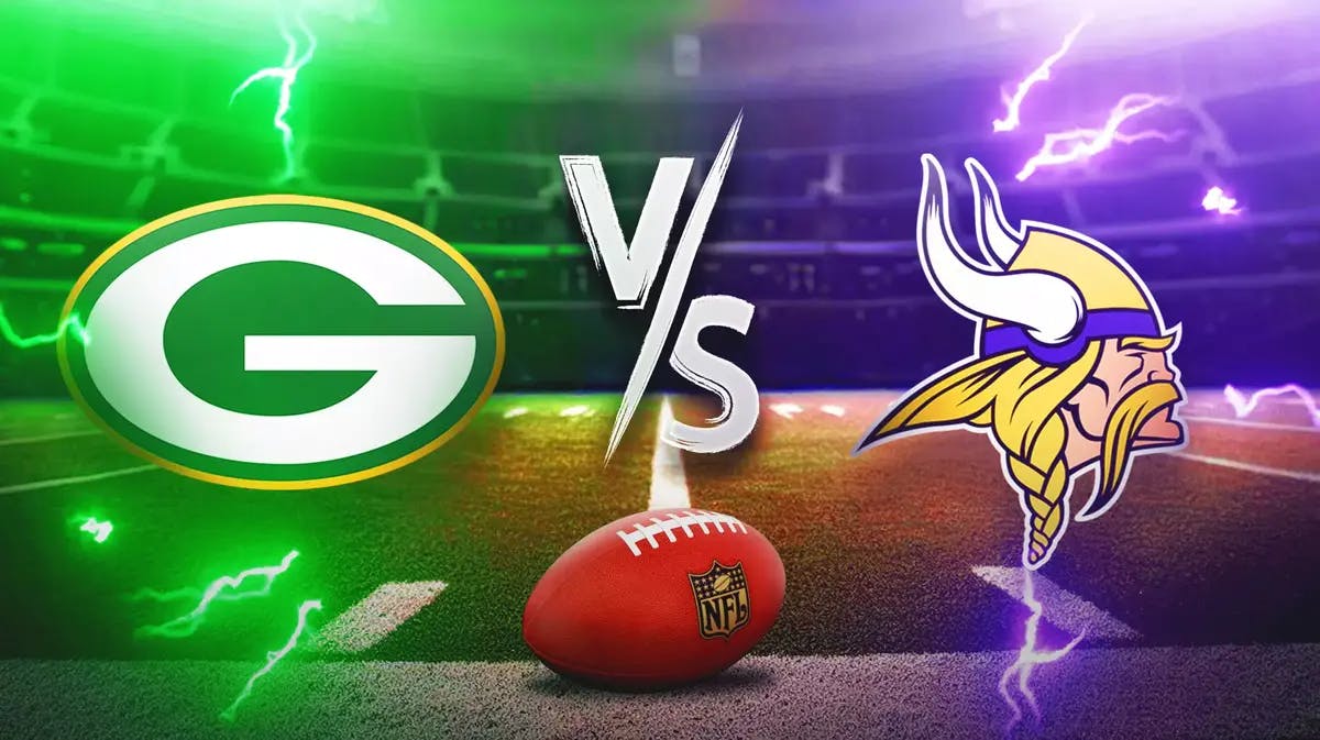 Packers, Vikings logos with football field as background