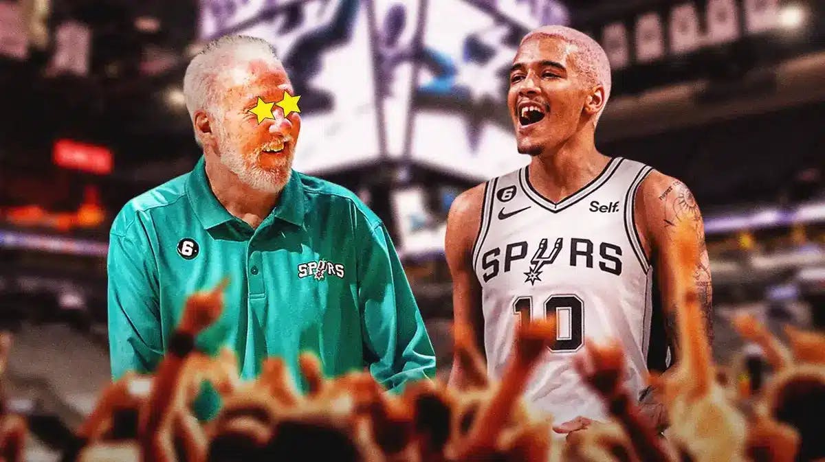 Gregg Popovich with stars in his eyes looking at Jeremy Sochan.