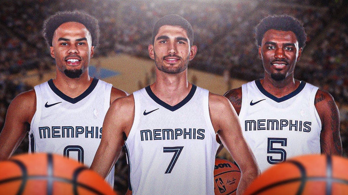 Grizzlies' Santi Aldama, Jacob Gilyard, and Vince Williams all smiling (media day 2023 pictures)