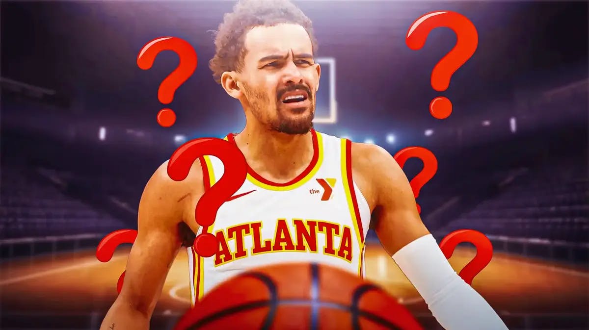 Hawks' Trae Young shooting a basketball with question marks everywhere.