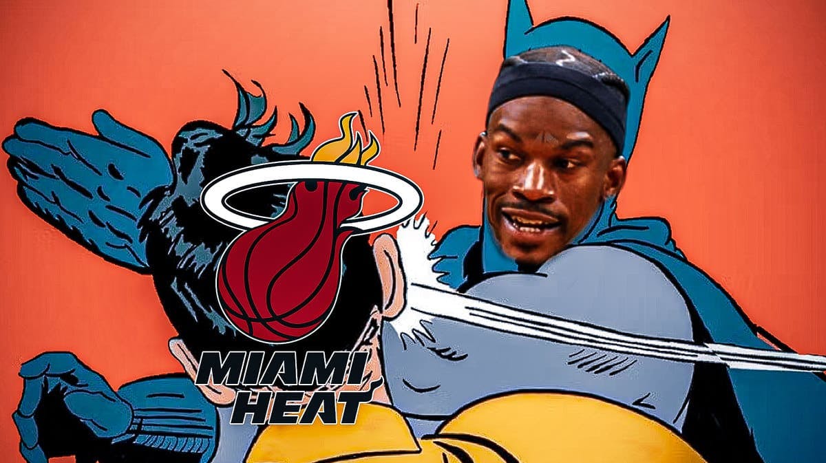 Jimmy Butler as Batman and Robin with the Heat logo as his face